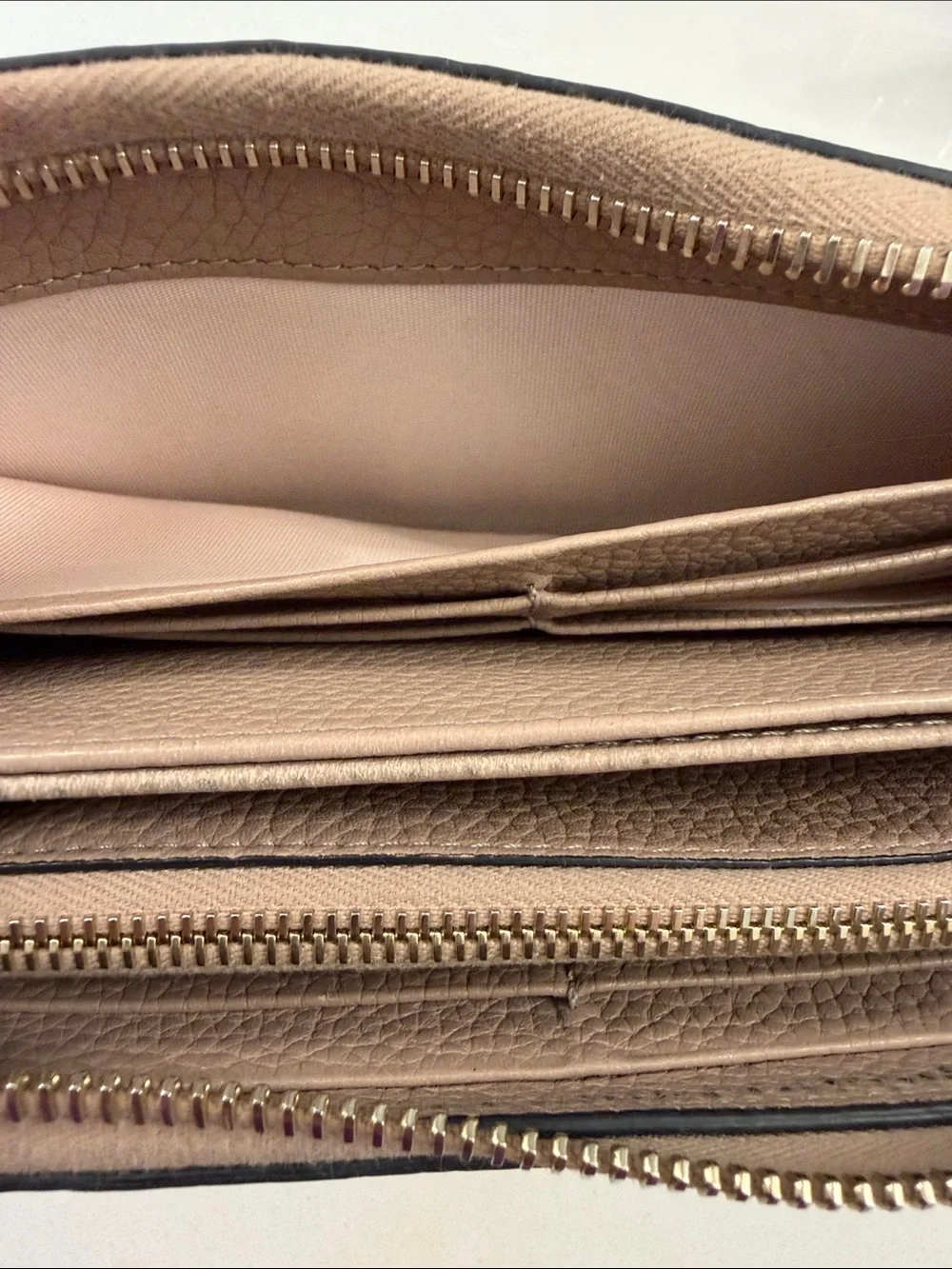 Valentino Garavani Taupe Pebbled Leather Zip Wallet with Gold Studs
